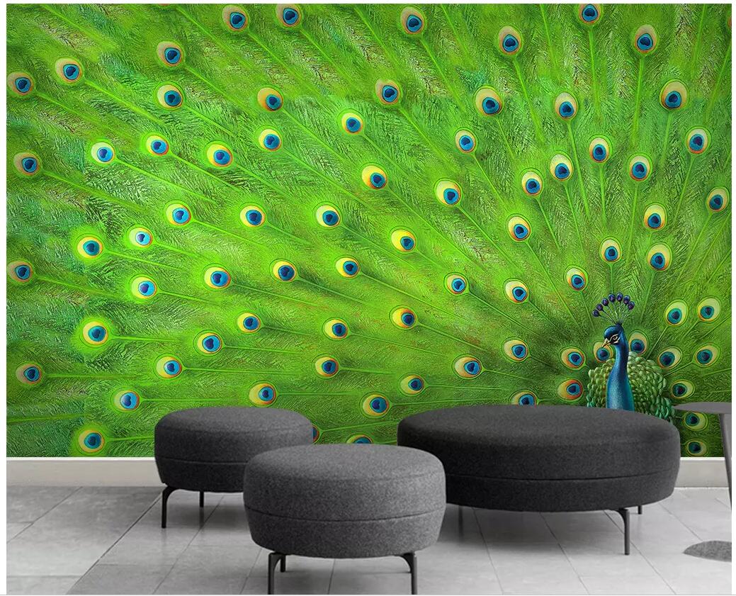 

WDBH 3d photo wallpaper custom mural Green peacock feather tv background painting home decor living room wallpaper for walls 3 d, Non-woven