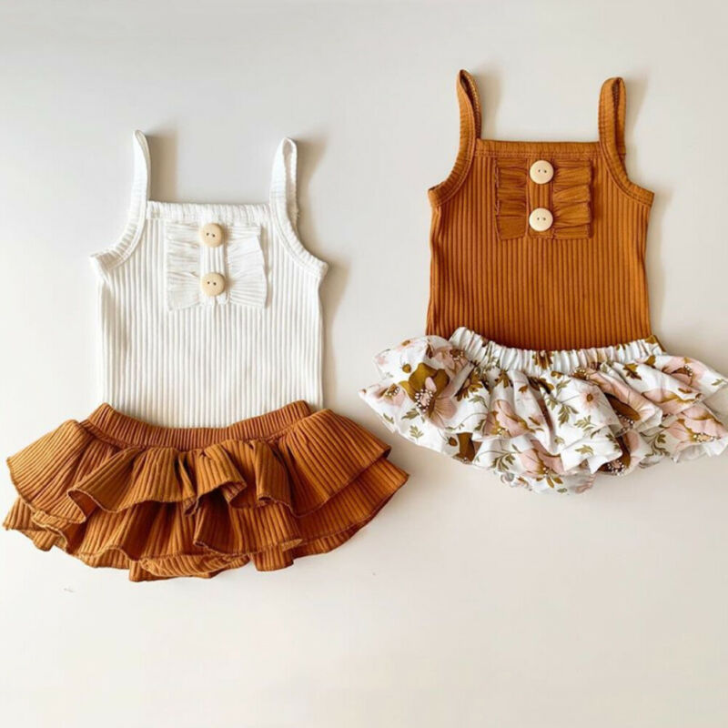 

Infant Baby Girl Sleeveless Knitted Sling Tops Romper+Tutu Skirt Sunsuit Summer Baby Girls Clothes Set, Beige