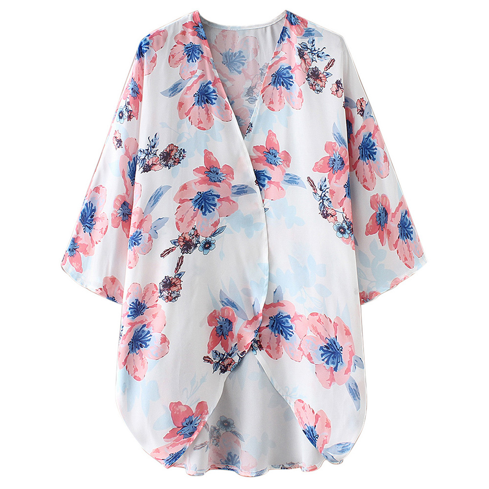 

Women' Chiffon Cover-up fashion casual 3/4 Batwing Sleeve Floral Pattern Irregular Hem Open front ladies coat, White