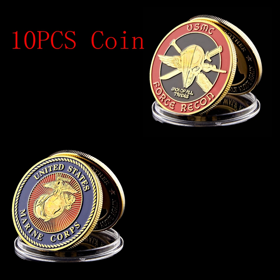 10pcs Arts and Crafts US Marine Corps Military Challenge Coin Force Recon USMC Gold Plated Badge Collection-image-531448112