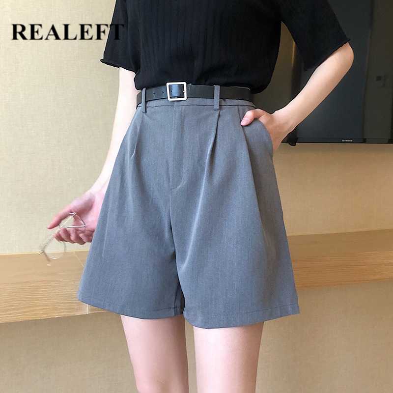 

REALEFT 2020 New Summer Formal Shorts with Belt High Waist Chic Wide Leg Shorts Korean Style Elegant Loose Trousers Pocket, Black