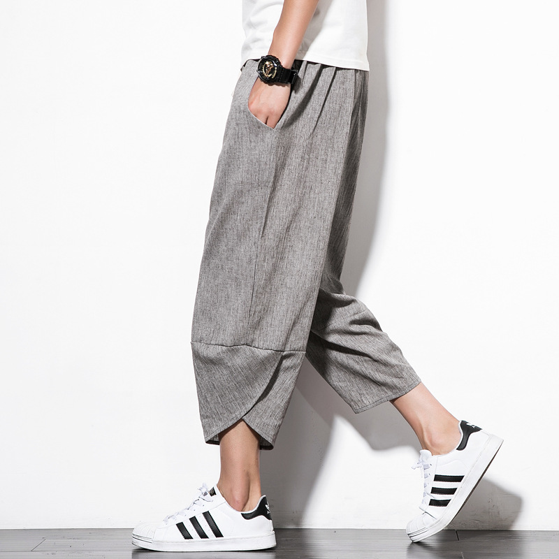 

Men's Pants Thin Section Chinese Style Linen Harlan Loose 7 Points Cotton And Seven Wide Leg Carrot Pan, Black
