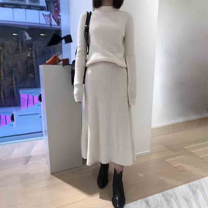 

Women Sweater 2019 Autumn and Winter New Products Solid Color Ribbed High Collar Long-sleeved Slim Women' Sweater + Skirt, Shirt