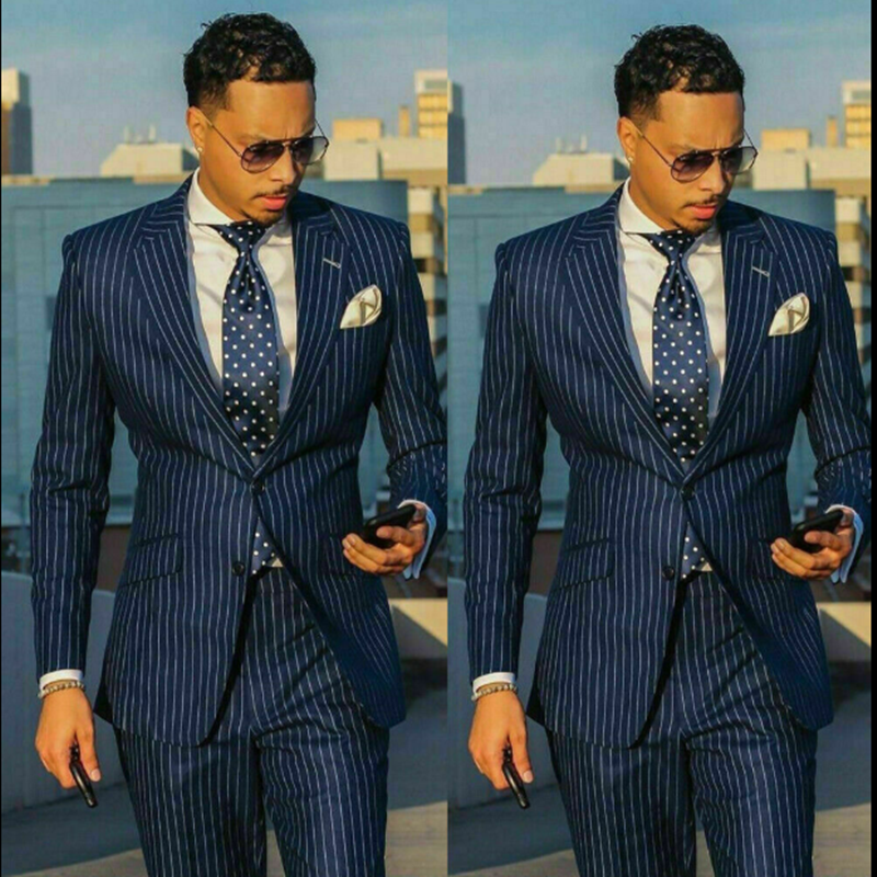 

Navy Blue Mens Suits Polyester Blend 2 Piece (Coat+Pants) Striped Terno Masculino Business Party Wedding Suit, Black