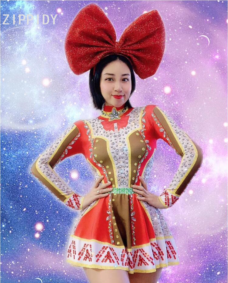 

2019 Silver Red Rhinestones Dress Women's Christmas Bar Singer Sexy Outfit Stage Dance Birthday Prom Show Dress, Pic color