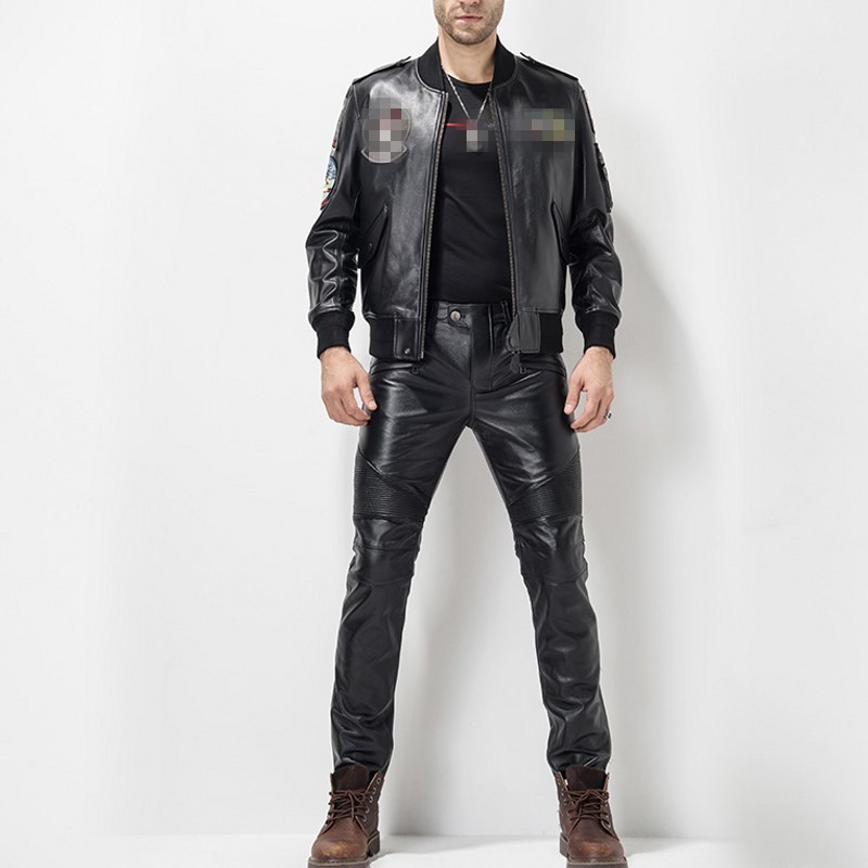 

Windproof Thicken Winter New Mens Slim Pants Genuine Leather Cow Male Fashion 2020 Zipper High Quality Brand Pants Plus Size 36, Black