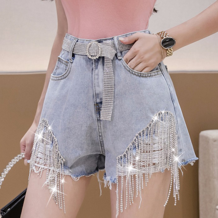 

Summer Spring Womens High Waisted Ripped Hole Rhinestone Chain Tassel Denim Shorts Wide Leg Blue Jeans Shorts for Woman