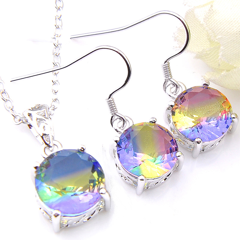 

Luckyshine 925 Sterling Silver Necklace For Women Pendants Earrings Jewelry Set Xmas New Year Gift Set Round Rainbow Bi Colored Tourmaline