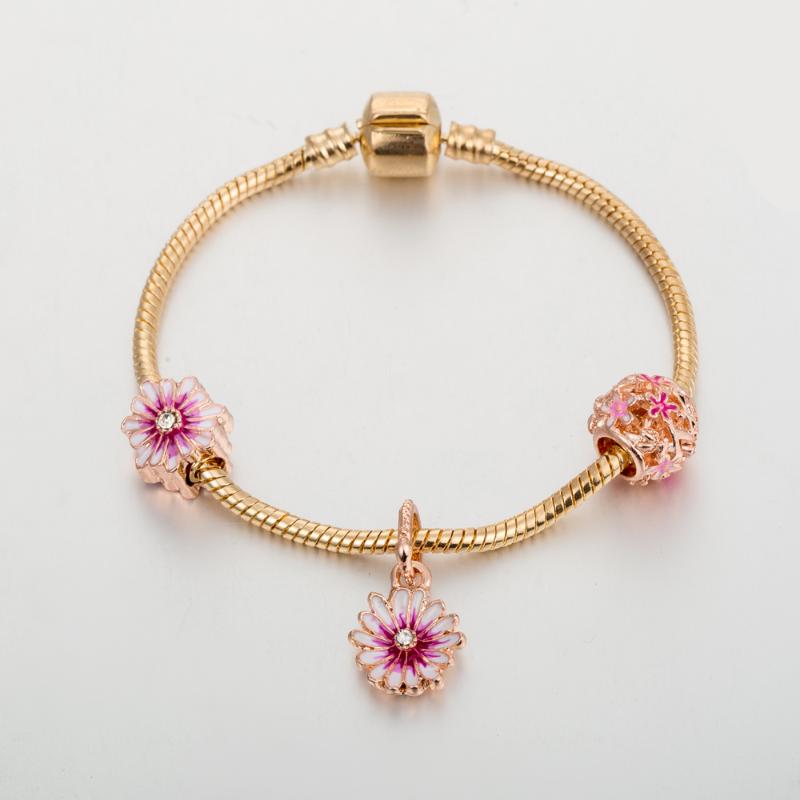 

ANNAPAER 2020 New Arrival Daisy Charm Beads Pink Flower Bracelets Bangle Fit Original Bracelet For Women DIY Jewelry Gift B20008