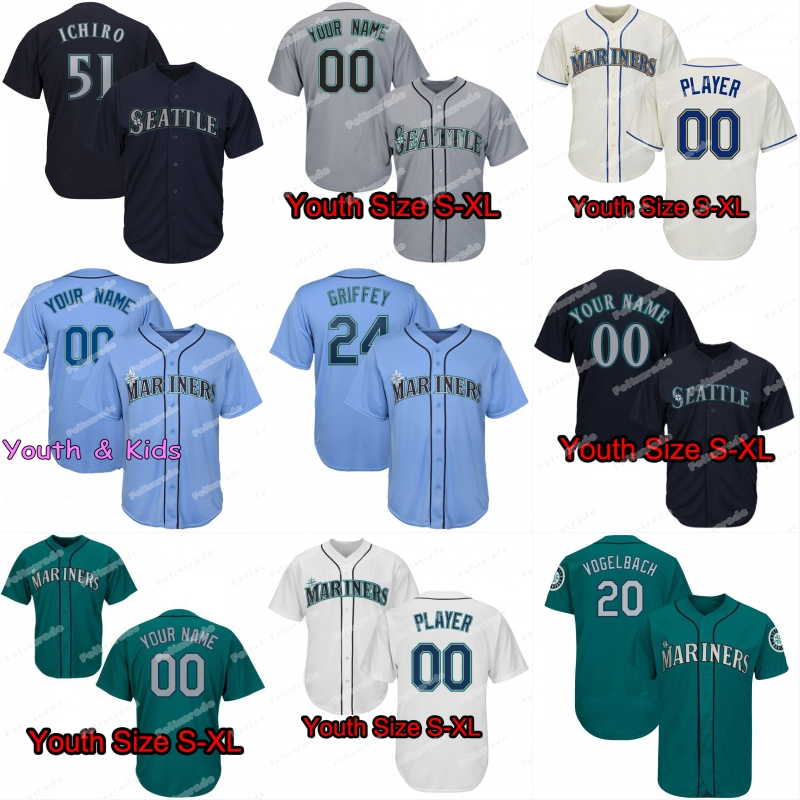 

Youth Kids Seattle Daniel Vogelbach Edwin Encarnacion Domingo Santana Haniger Beckham Ichiro Suzuki Ken Griffey Jr. Martinez Mariners Jersey, White