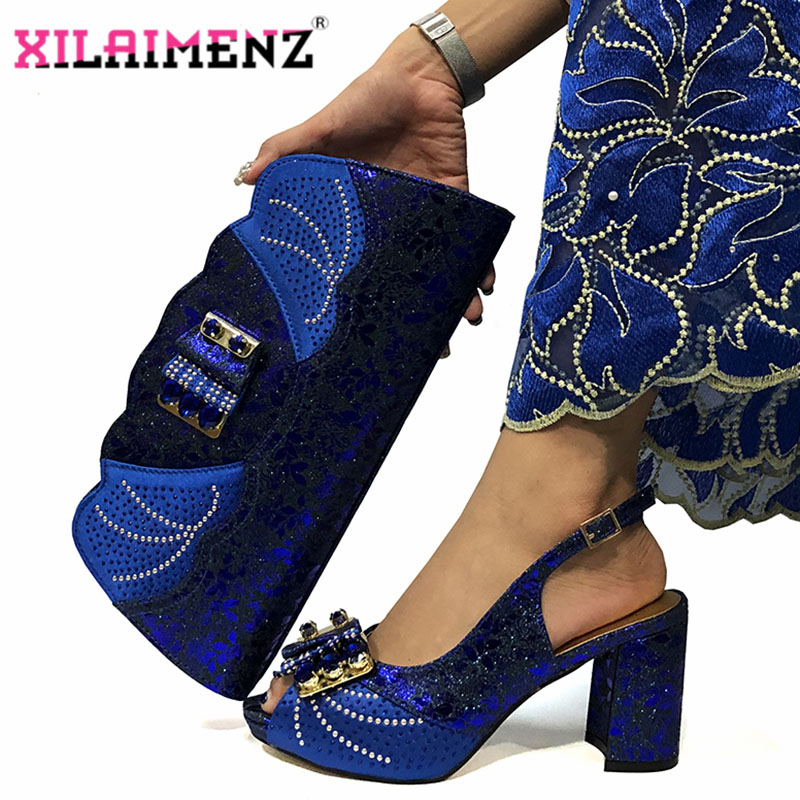 

Dress Shoes Fashion Women Royal Blue Sandals And Bag Set To Match 8.5cm High Quality African With Matching Bags For Wedding Party, Gold