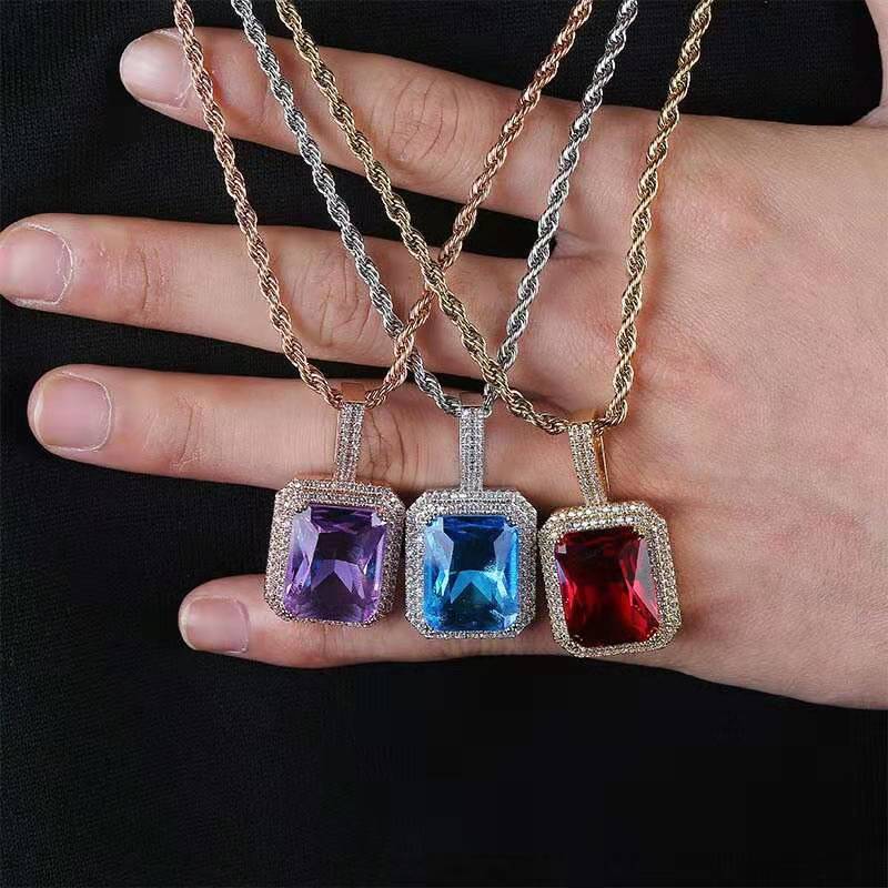 

hip hop iced out gemstone pendant necklaces for men women luxury designer colorful gem bling diamond pendant ruby purple blue black necklace