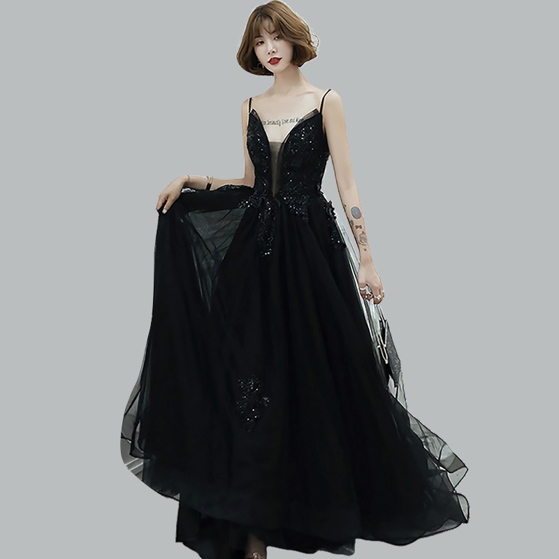 

Black A-Line Evening Dress CR422 Spaghetti Strap Sleeveless Women Party Gowns Appliques Sequined Formal Vestidos De Fiesta 2020, Non trailing
