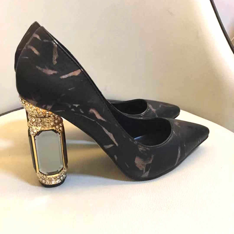 

Free shipping 2020 leather 10CM chunky high heels Rhinestone pillage toes pointed diamond Pumps Dress SHOES party wedding Mary Jane black