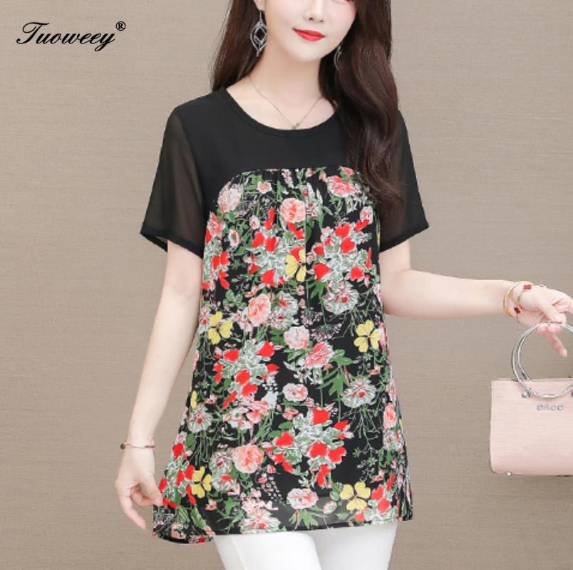 

Plus Size 5XL summer Blouse Fashion Women's Blouses Shirt 2020 patchwork New Chiffon Loose short sleeve Shirts Ladies, Blue