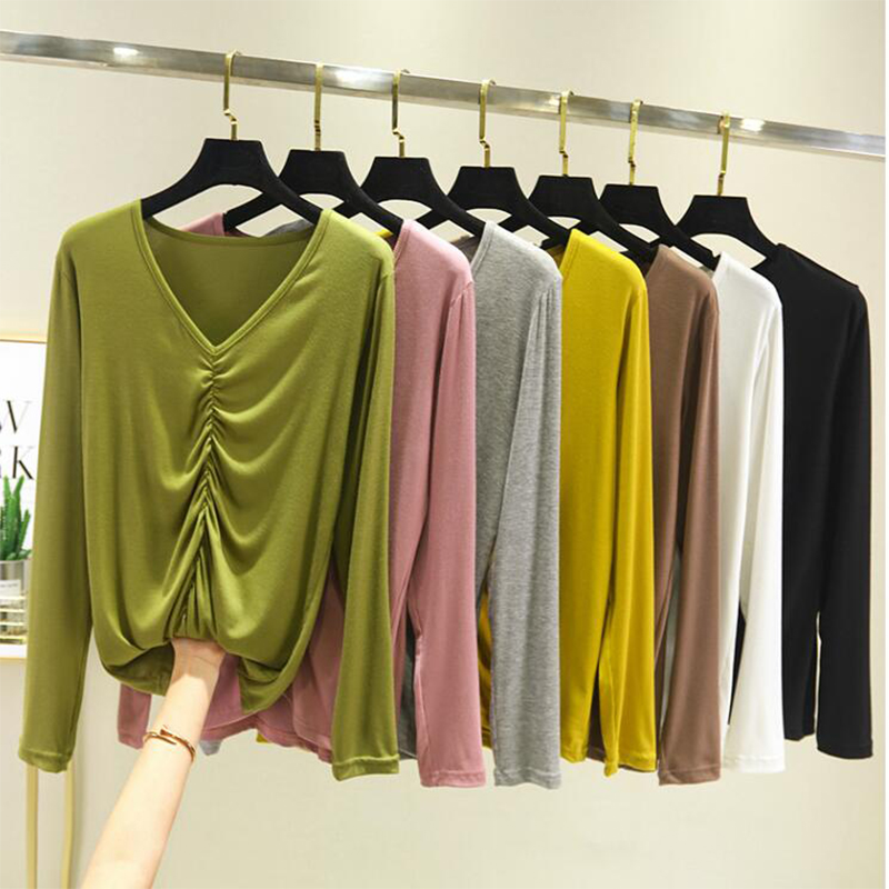 

T-Shirt Women Long Sleeve T Shirt Spring Autumn Female Clothing Fashion Top Tee Lady V-neck Plus Size -XXL BB336, Beige