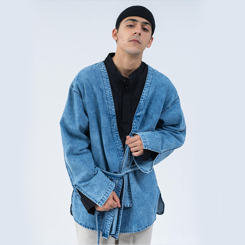 

Men Hip Hop Denim Jacket Robe Cardigan Male Japan Style Kimono Jean Coat Vintage Streetwear Outerwear, Blue