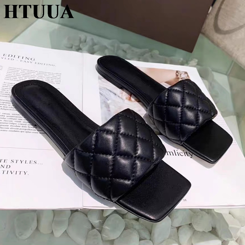 

HTUUA Fashion Women Slipper Square Toe Outdoor Flat Slides Summer Sandals Open Toe Beach Flip Flops Ladies Shoes SX3894, Apricot
