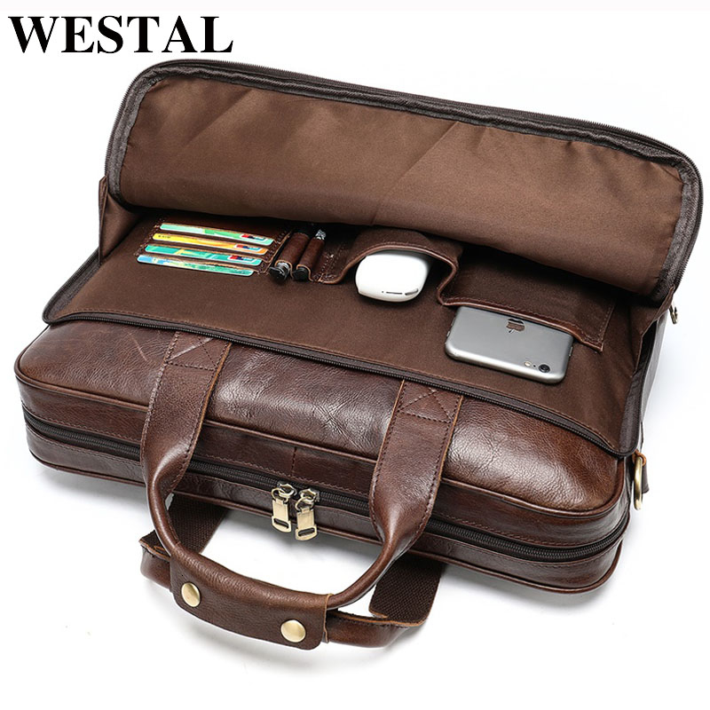 

WESTAL men's leather bag men's briefcase office bags for men bag man's genuine leather laptop bags male tote briefcase handbag CJ191212, 8841a4black
