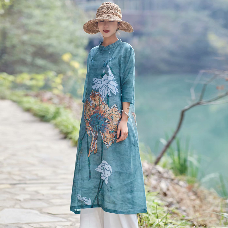 

3 Colors Summer Thin Lotus Flowers Print A Line Traditional Dress, Vintage Stand Collar Three Quarter Sleeve Frog Button Robes, As photo