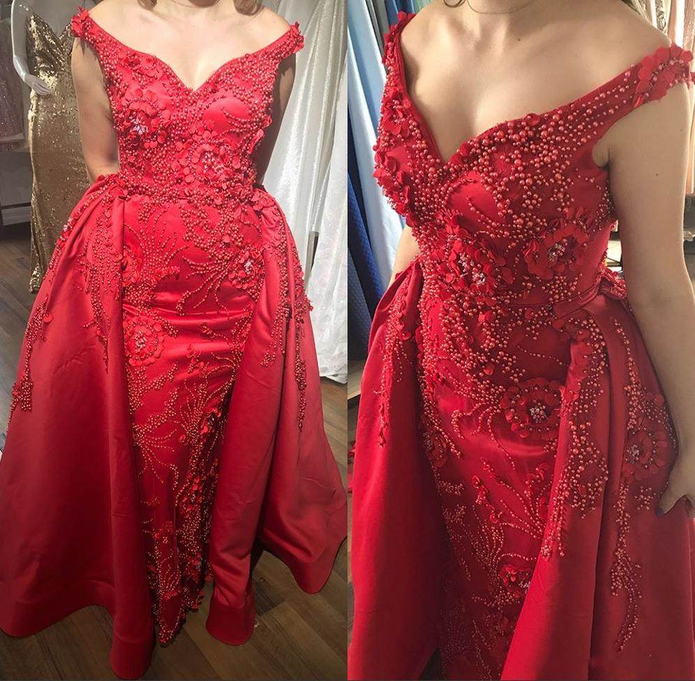 Elegant Beaded Appliqued Mermaid Evening Dresses With Overskirts 2020 Sexy V Neck Formal Arabic Dubai Prom Dress robes de soirée