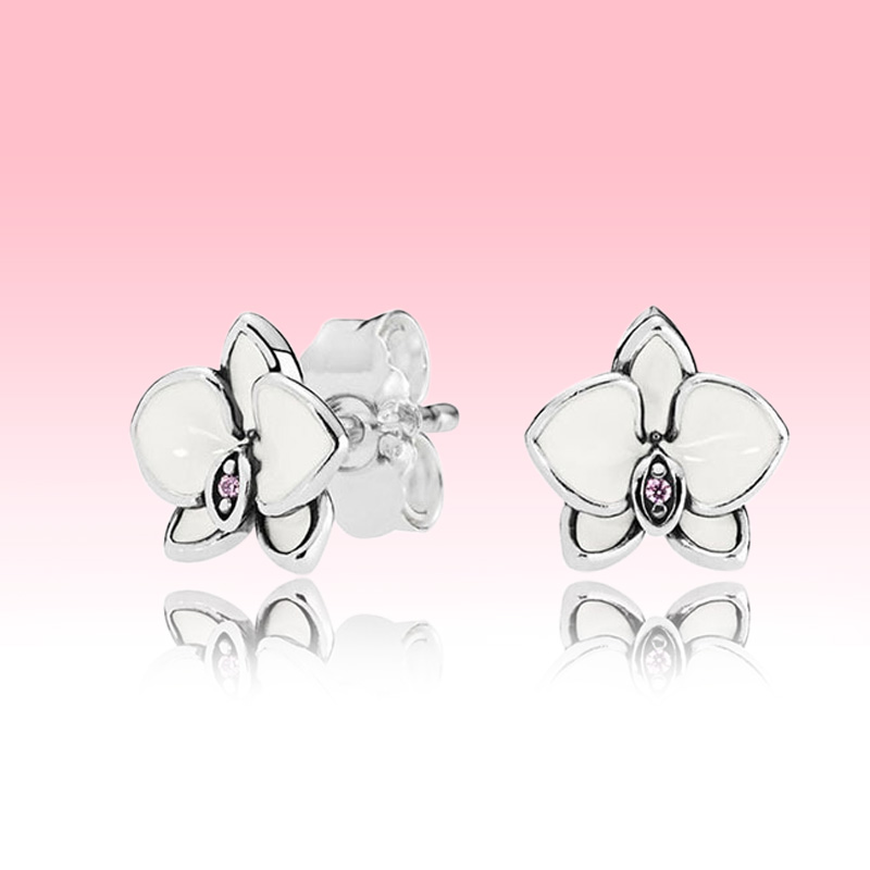 White Magnolia Stud Earrings Authentic 925 Sterling Silver designer Earrings Women Wedding Party Jewelry Crystal flower earrings with Luxurious Reta