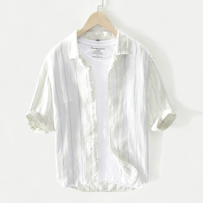 

Natural Linen Shirts Men, Comfortable Breathable, Linen/Cotton Blended, 2020 New Trend, Half Sleeve Shirt Men Striped Shirt Thin, Black