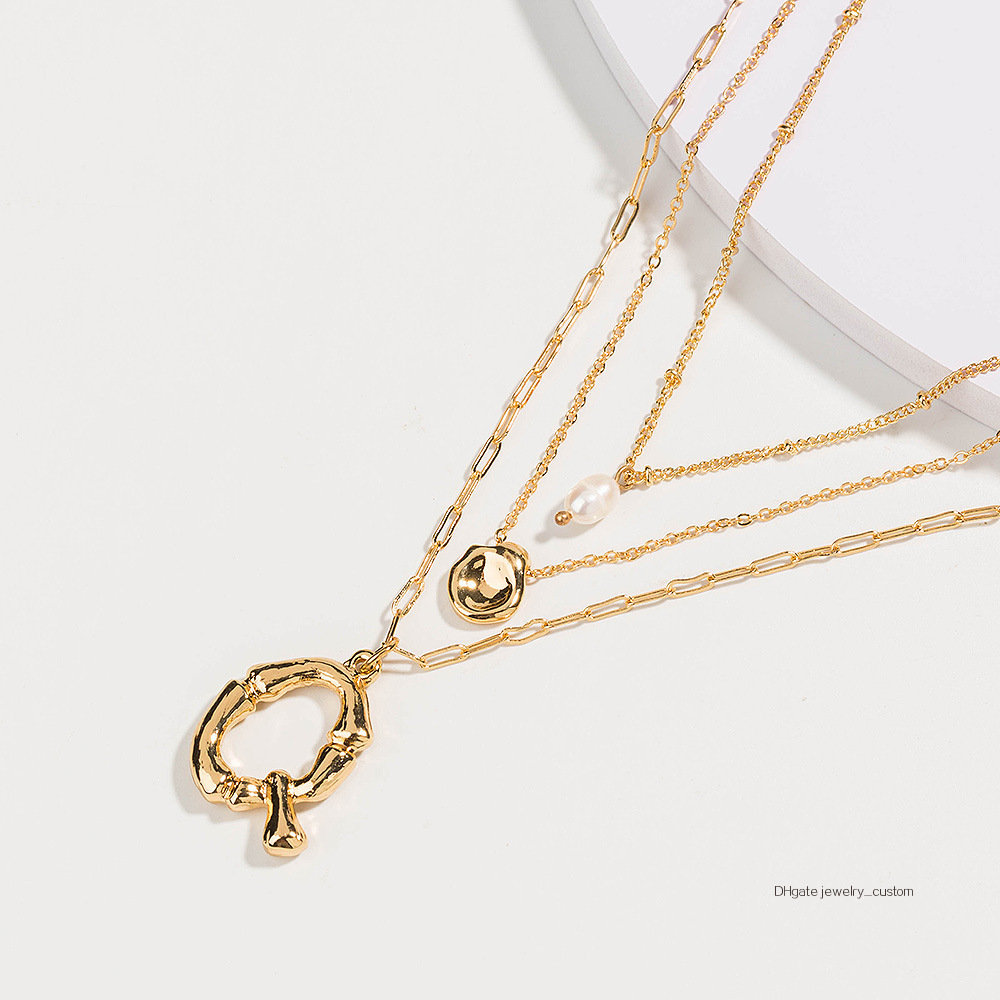 

Exaggeration 26 Letter Multi-storey Necklace Golden Peas Natural Freshwater Pearl Pendant Jewelry