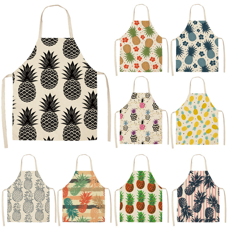 

1Pcs Pineapple Pattern Kitchen Aprons for Women Cotton Linen Bibs Household Cleaning Pinafore Home Cooking Apron 53*65cm