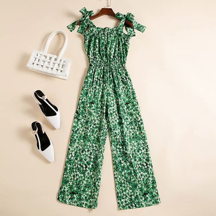 

European and American women' wear 2020 summer new style bowknot Condole belt Green leaf printing Fashion jumpsuit
