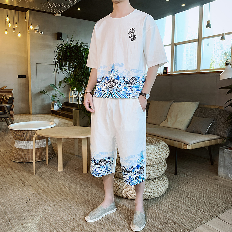 

Summer Chinese Short Sleeve T-Shirt suit men's suit two piece loose Tang, Black