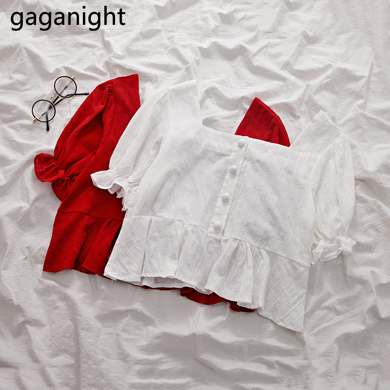 

Gaganight Solid Women Short Slim Fashion Blouse Short Sleeve Square Collar Chic Korean Vintage Shirt Female 2020 Summer Blusas, Red