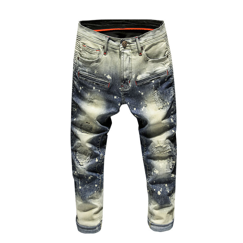 

KIOVNO Vintage Men's Biker Ripped Jeans Pants Motorcycle Patchwork Denim Trousers For Male Streetwear Size 29-38, Blue