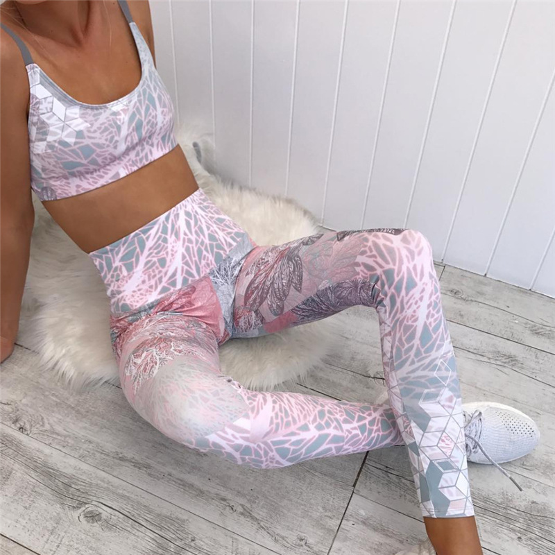 

Pink floral printed yoga set fitness suit sexy sport bra slim leggings 2 pieces set sportswear for women