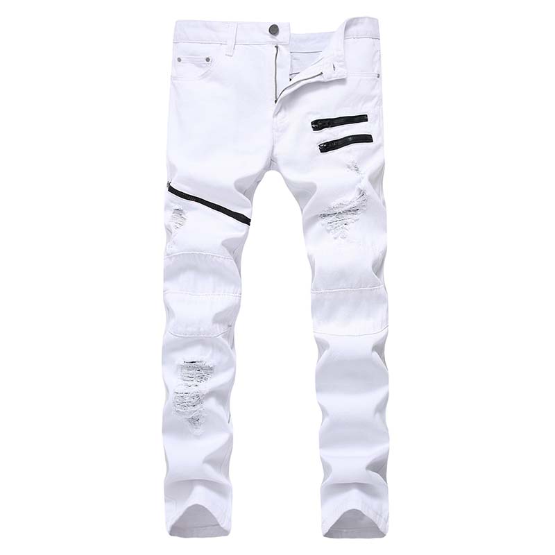 

New Men casual jeans Fashional denim Pants Knee Holes Panelled Zipped hiphop pants Washed Middle Waist high quality, T-009 white