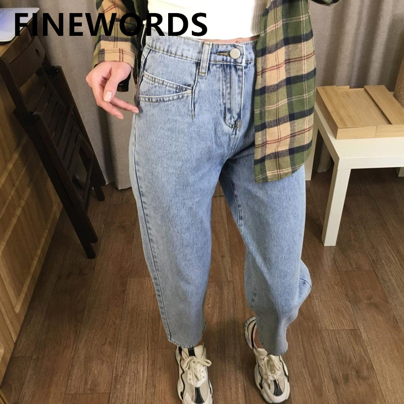 

FINEWORDS 2020 Retro Korean Boyfriend Jeans For Women Loose Casual High Waist Harem Jeans Plus Size Streetwear Denim Hot Pants, Blue