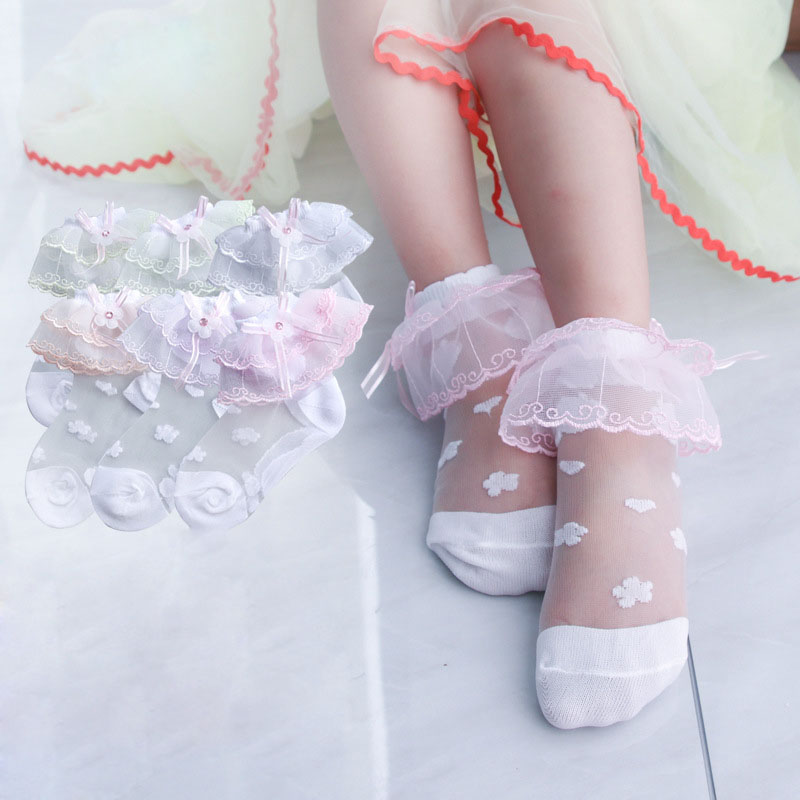

10pair/lot Girls Baby Super Thin Jacquard Lace Summer Breathable Soft Cotton Bottom Kid Cartoon Children Kids Crystal Short Sock, Green