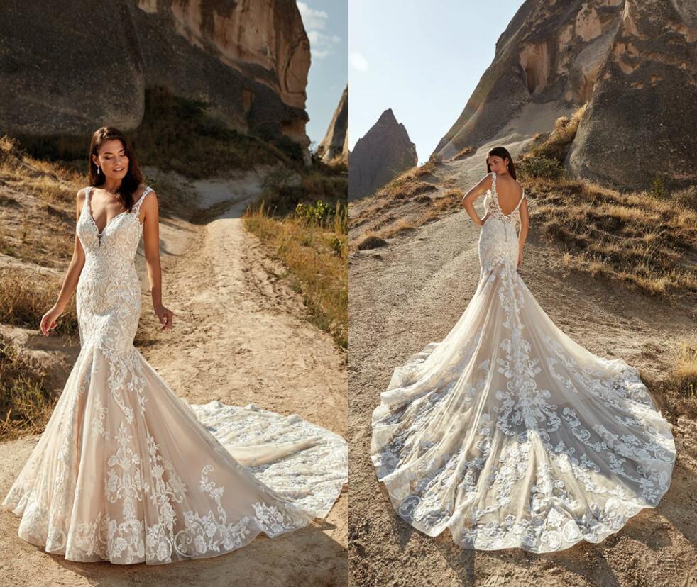 Beach 2020 Mermaid Wedding Dresses Sexy V Neck Lace Appliques Bridal Gowns Sweep Train robe de mariée