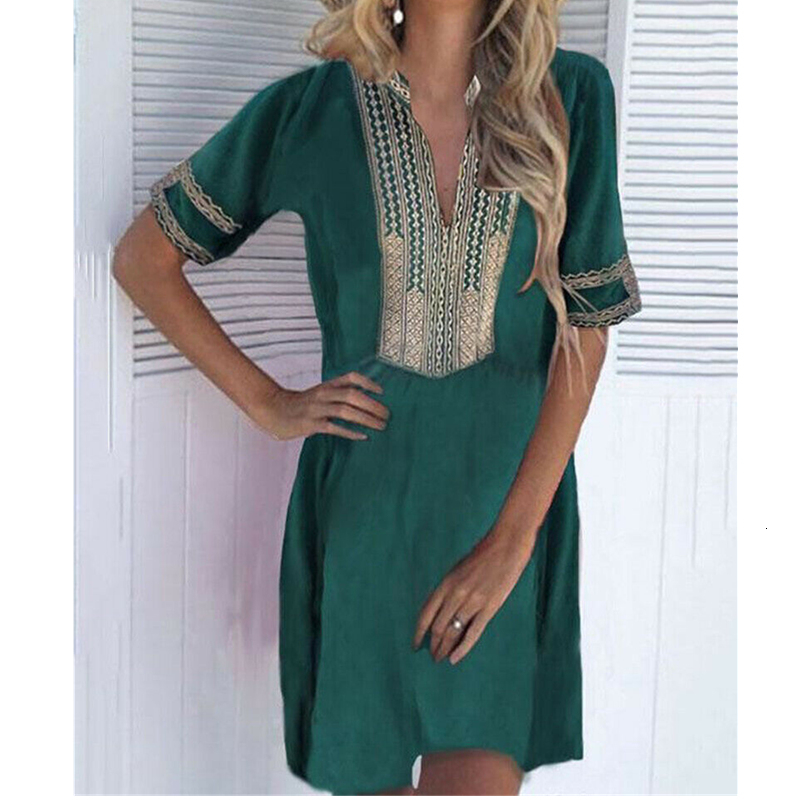 

New Fashion Women Causal Boho Short Sleeve Cotton Linen Dress Vintage Summer Print Beach Holiday Dress Sundress, Black