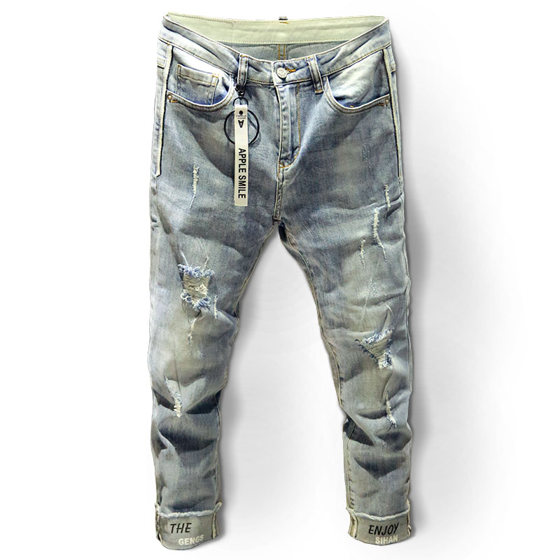 

2020 New Light Blue Ripped Ankle-Length Jeans Men's Slim Burrs Straight Pants Korean Style