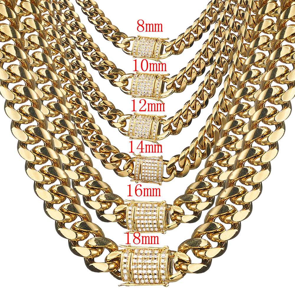 

Perfect Gold Color Men's Shiny Crystal Clasp Stainless Steel Miami Curb Cuban Link Chain 8-18mm Wide 7-40" Necklace Or Bracelet