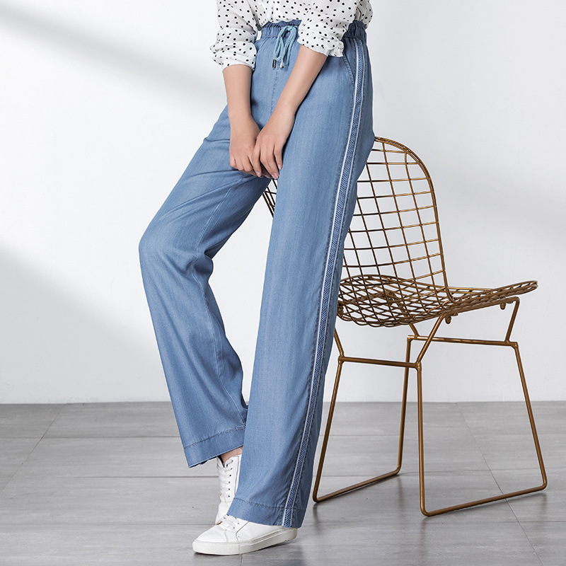 

Fashion Women Mid Waist Jeans Pants Stretch Drawstring Denim Jeans Full Length Wide leg Pants Female Casual Slim Trousers, Blue