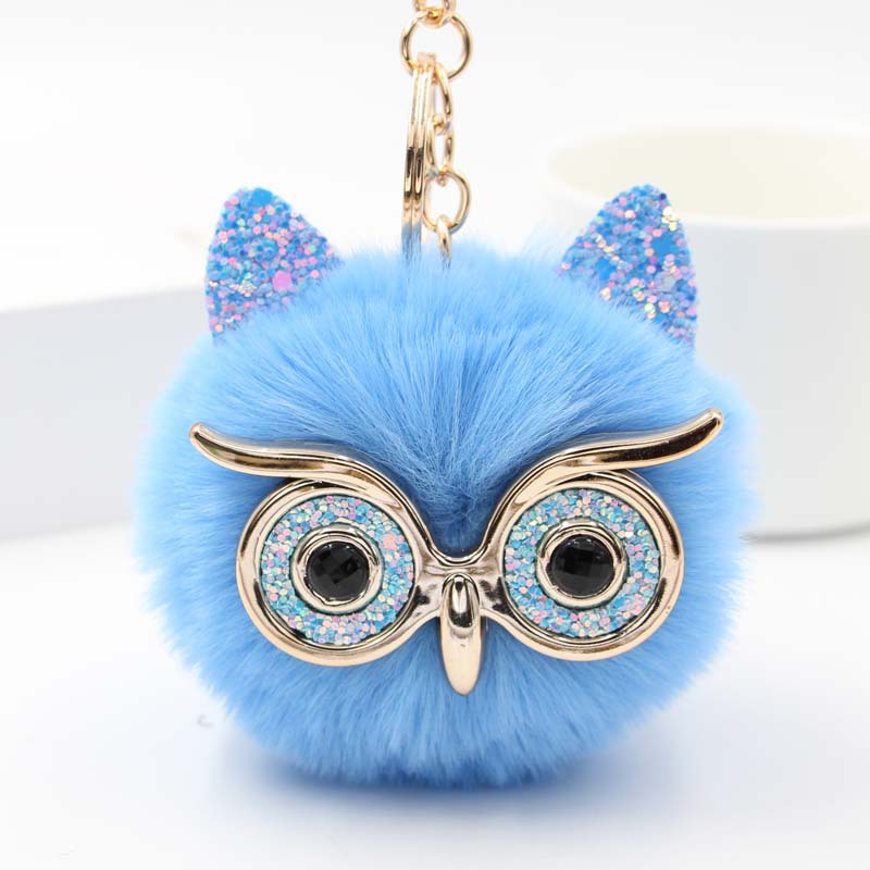 

Lovely Sequin Ear Owl Keychains For Girls Boy Fluffy Fake Animal Fur Ball Pompon Key Chain Charm Women Bag Key Ring