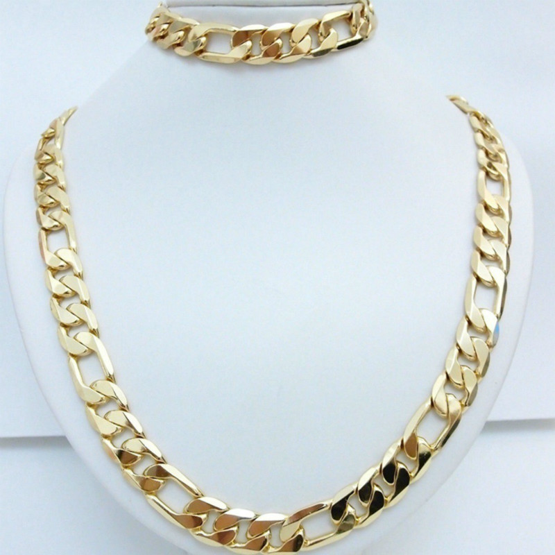 

Statement Jewelry 24K Yellow Gold Filled Men's Necklace +Bracelet Set Figaro Curb Chain 20''/22''/24''26'', Golden