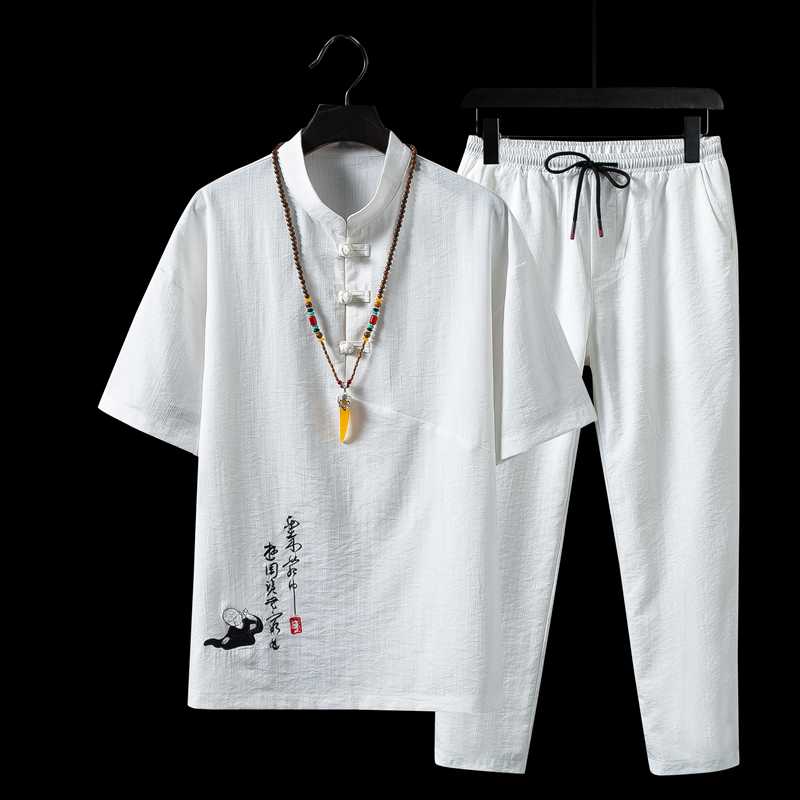

Summer white men embroidered t shirt and pants large size s-5xl Chinese retro style men two-piece set fashion casual mens sets, Black