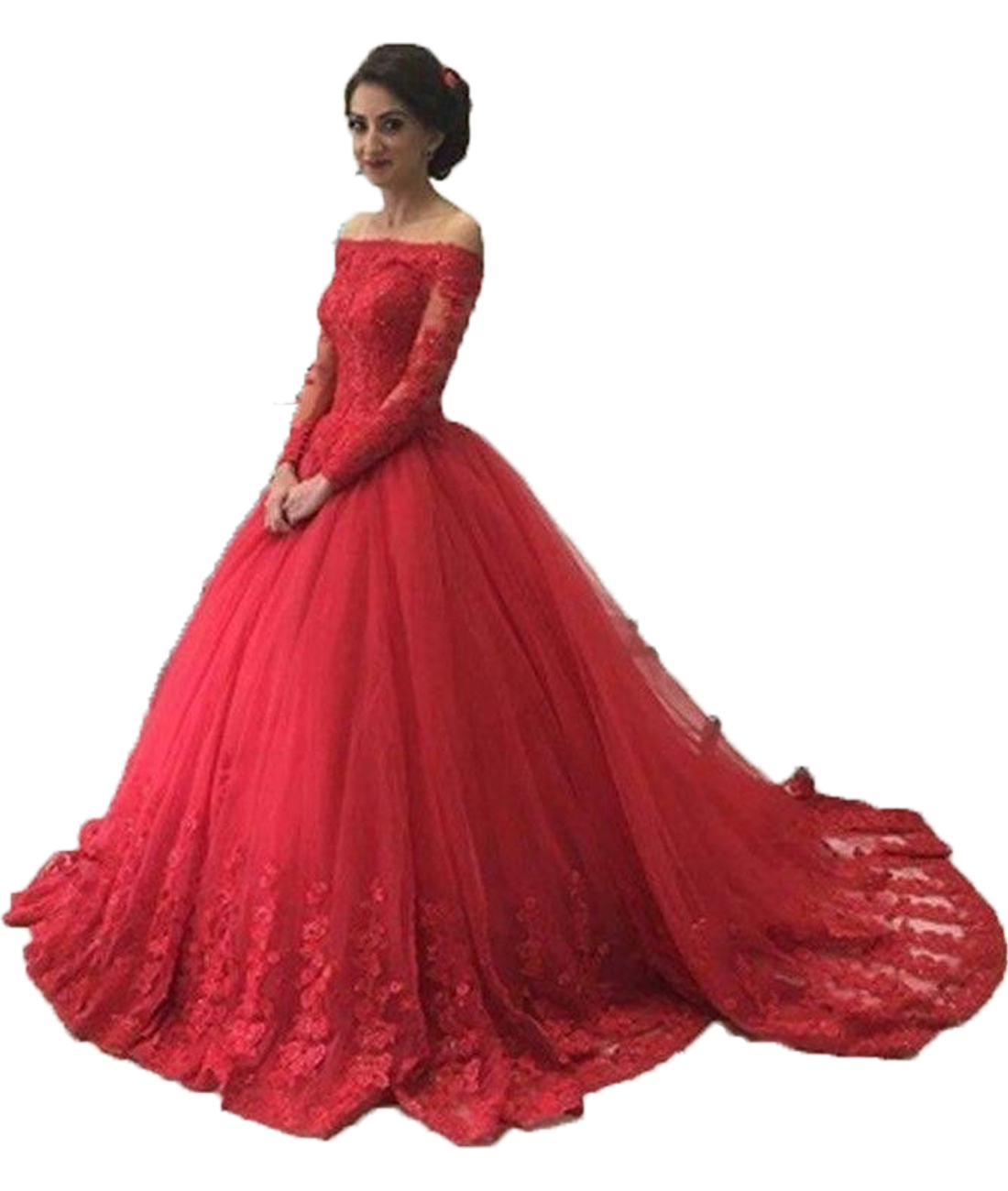Abendkleider New Red Evening Dresses 2021 Boat Neck Long Sleeves Ball Gown Appliques Tulle Formal Prom Dress Vestidos de festa-image-401821167