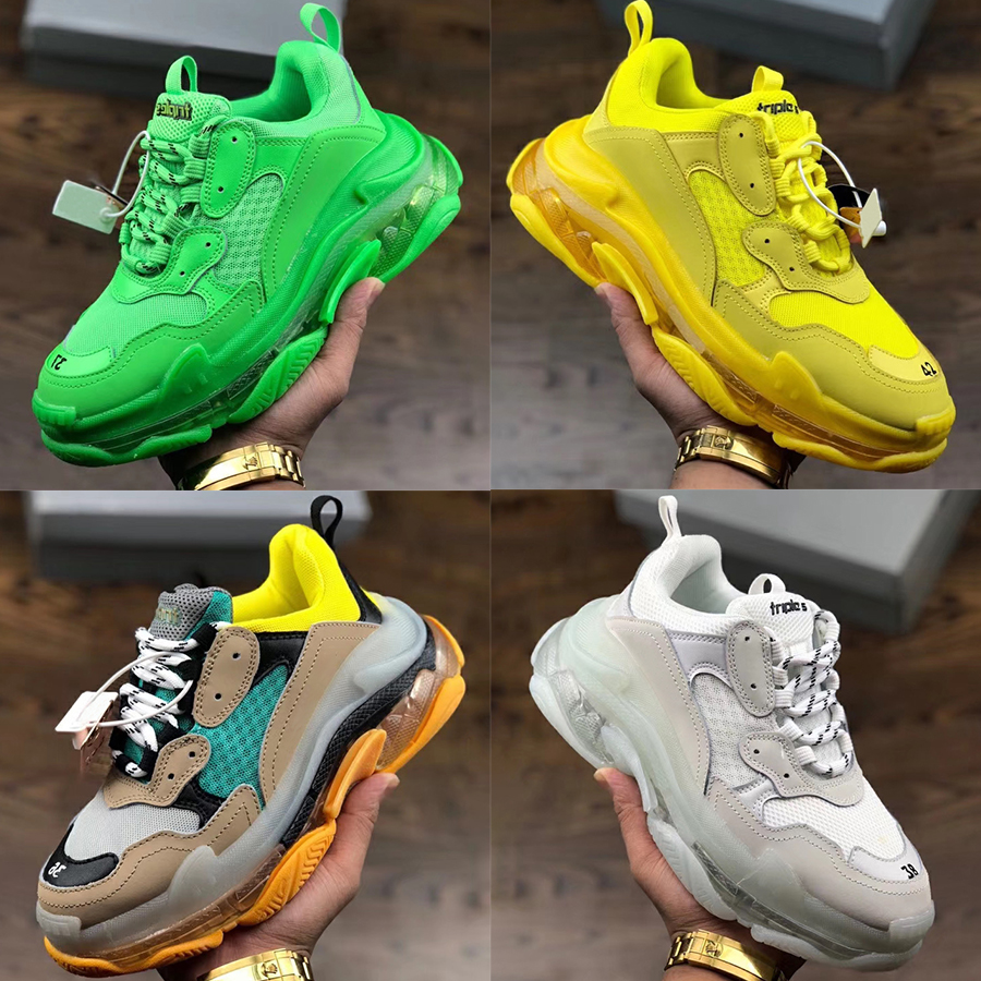 

Hot Triple S running shoes crystal sole Clear Sole mens sneakers Neon Green black white yellow men women fashion EUR 36-45, 20 us dollars for box