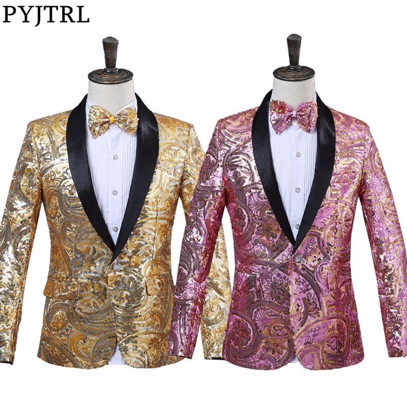 

PYJTRL Mens Pink Gold Flower Sequins Fancy Paillette Wedding Singer Stage Performance Suit Jacket Annual DJ Blazer With Bow Tie, Gold jacket