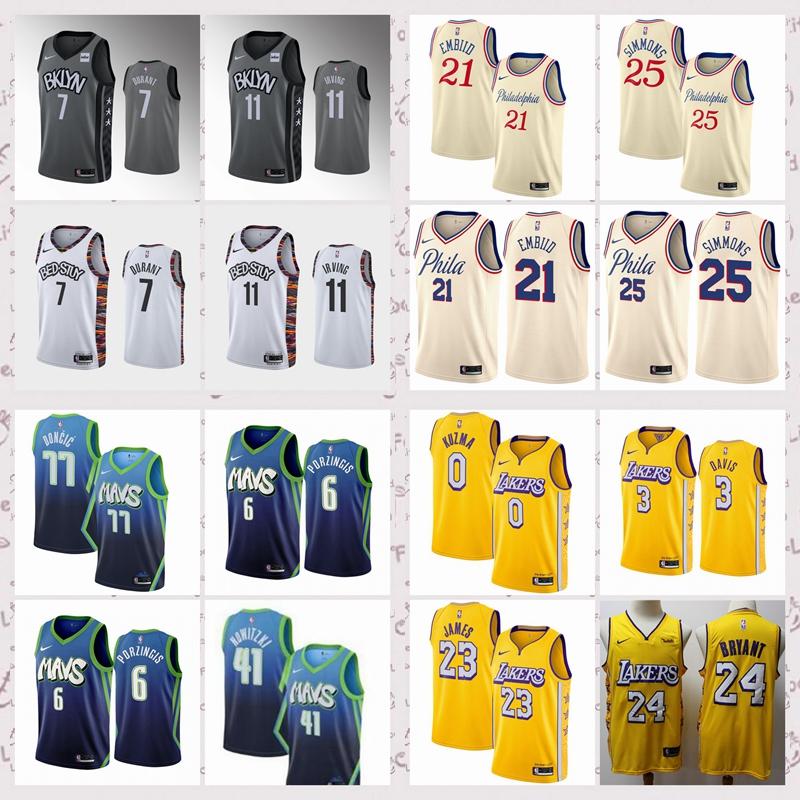 

2020 Mens 11 Irving 7 Durant 21 Embiid 25 Simmons 23 James 0 Kuzma 3 Anthony 41 Nowitzki 77 Doncic 6 Porzingis Swingman City version Jersey, Black;red