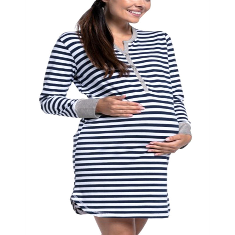 

2020 Striped Breastfeeding Dress Maternity Nusing Dresses Long-sleeve Loose Maternity Clothing Of Pregnant Women Spring Autumn, Black